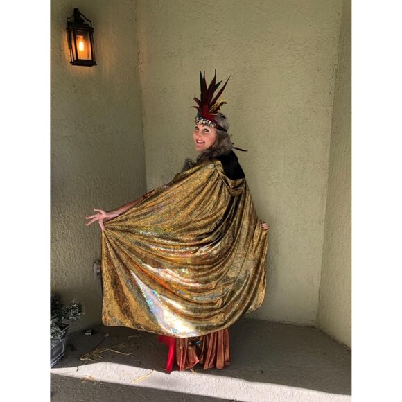 Women's Gold Witch Imported Velvet Cloak Halloween Hooded Cape Medieval Costume - Picture 3 of 6